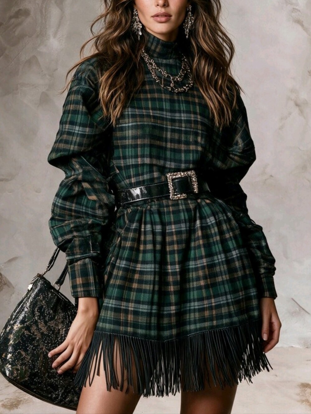 Plaid Fringe Mini Dress in Dark Green